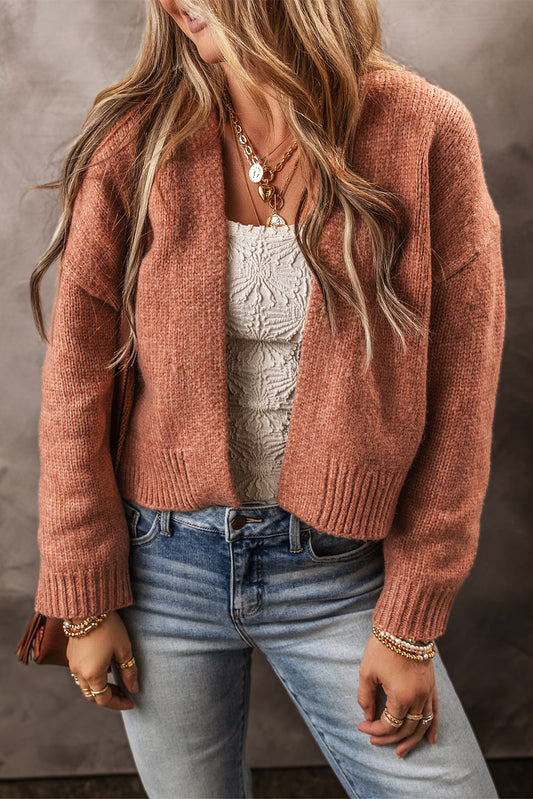 Light French Beige Drop Sleeve Open Front Cropped Cardigan