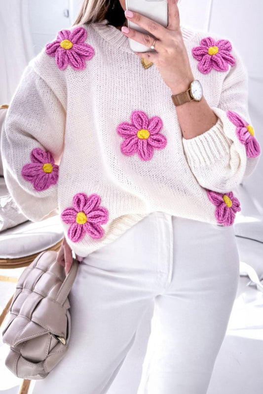 White Plus Size 60s Flower Drop Shoulder Knit Sweater