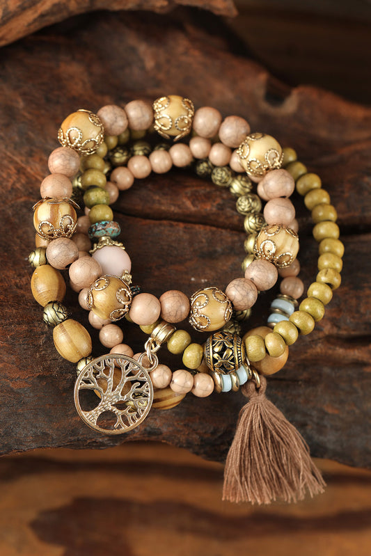 Brown Tree Of Life Charm Tassel Layers Wood Beads Bracelet