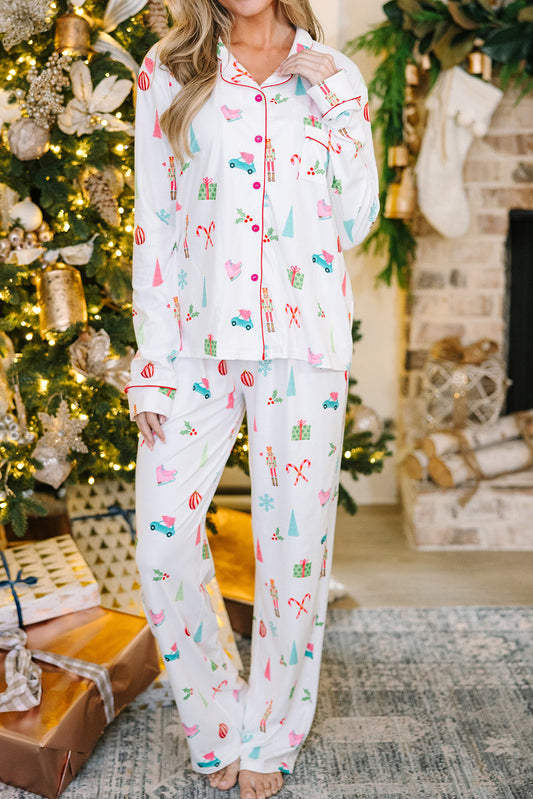 White Christmas Print Lapel Shirt and Pants Pajama Set