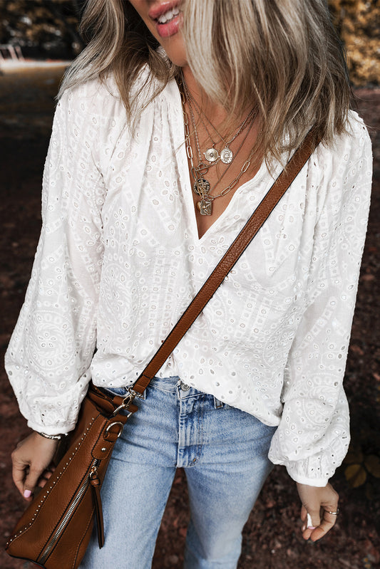 White Eyelet Embroidered V Neck Puff Sleeve Blouse