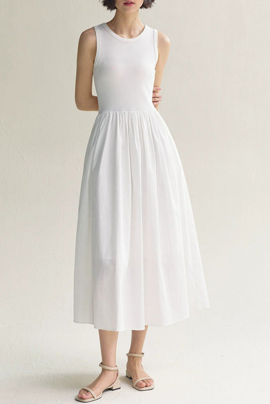 White Solid Color Knitted Patchwork Sleeveless Midi Dress