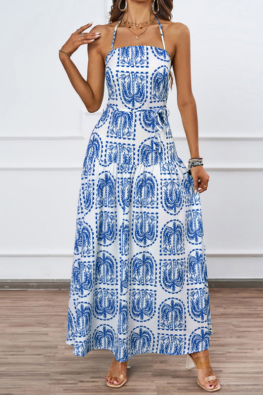 Sky Blue Boho Print Halter Beach Maxi Dress