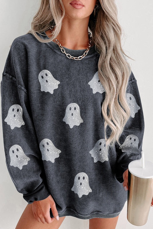 Gray Halloween Ghost Corded Crew Neck Loose Sweatshirt