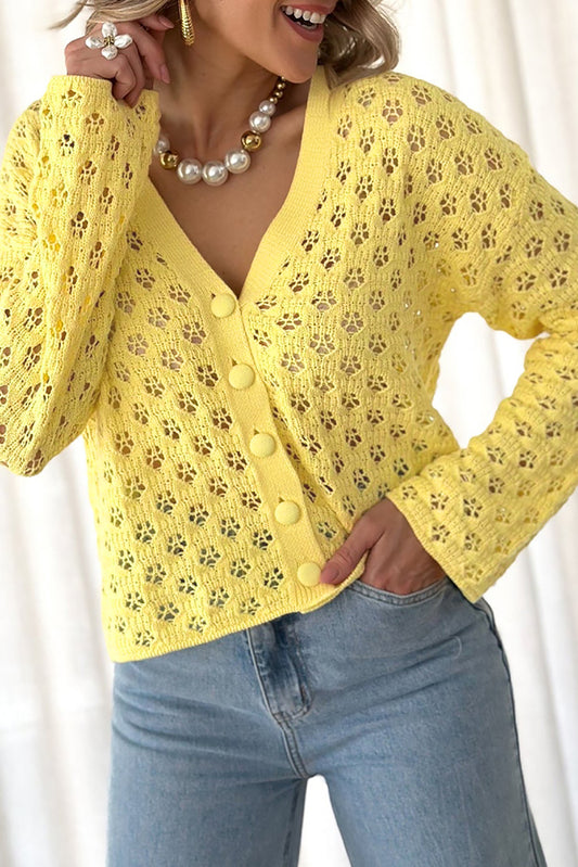 Yellow Pointelle Knit V Neck Button Front Cardigan