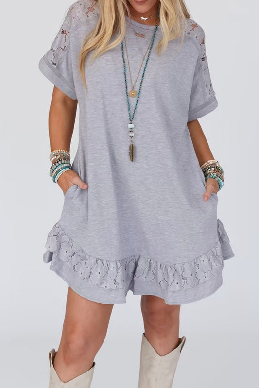 Light Grey Lace Splicing Ruffled Mini T-shirt Dress