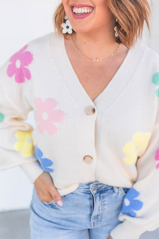 Beige Cute Flower V Neck Buttoned Plus Size Cardigan